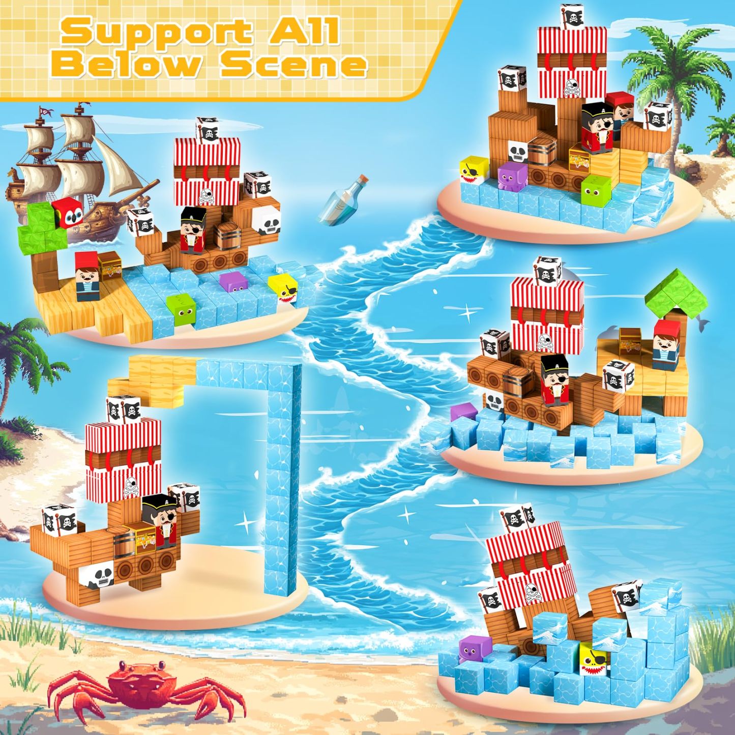 Magnetic Building Blocks - 100PCS Pirate Ship World Set - Magnetic Building Blocks Cube Stacking, STEM Montessori Sensory Toys, Suitable for 3 4 5 6 7 8 9 10 Easter Birthday Gift
