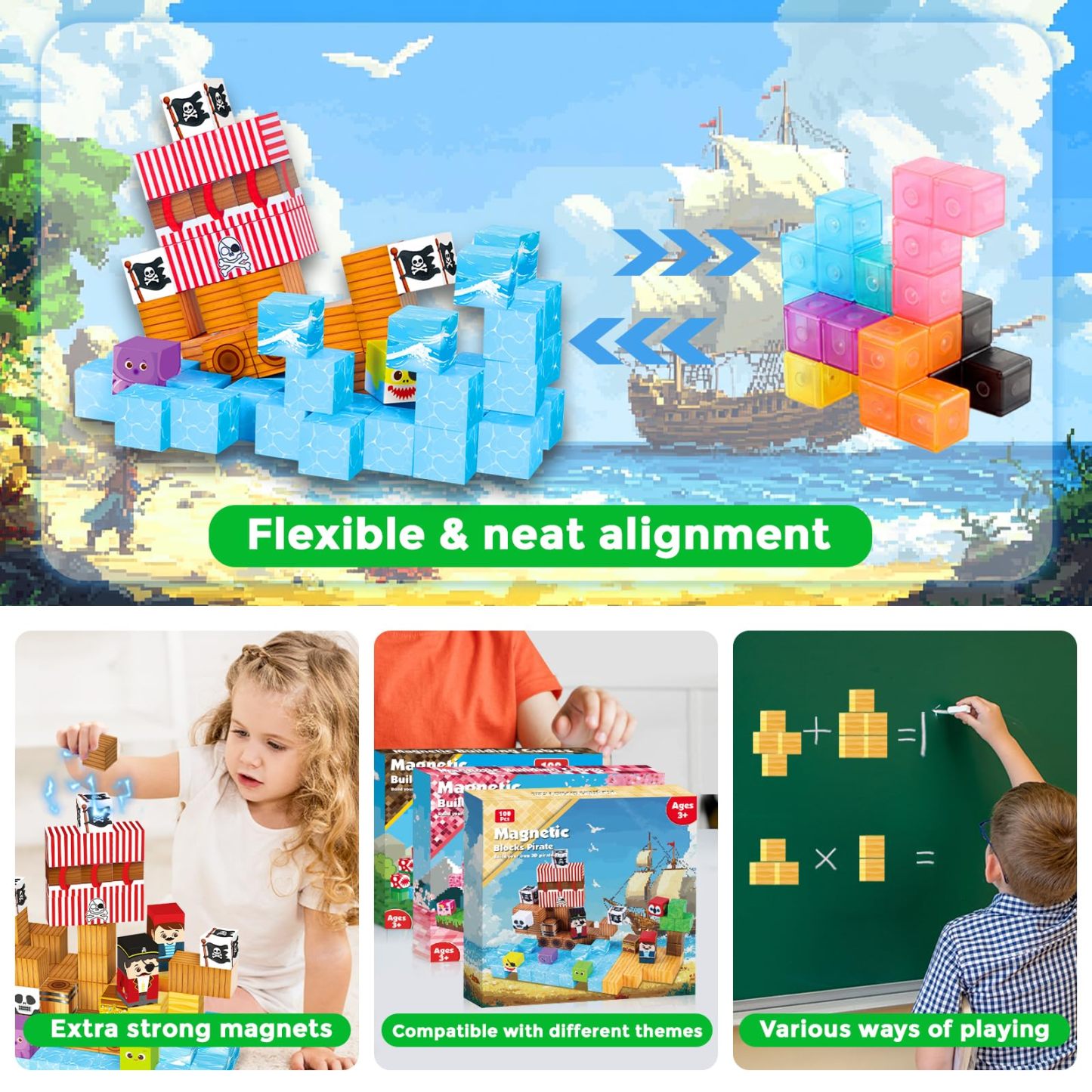 Magnetic Building Blocks - 100PCS Pirate Ship World Set - Magnetic Building Blocks Cube Stacking, STEM Montessori Sensory Toys, Suitable for 3 4 5 6 7 8 9 10 Easter Birthday Gift