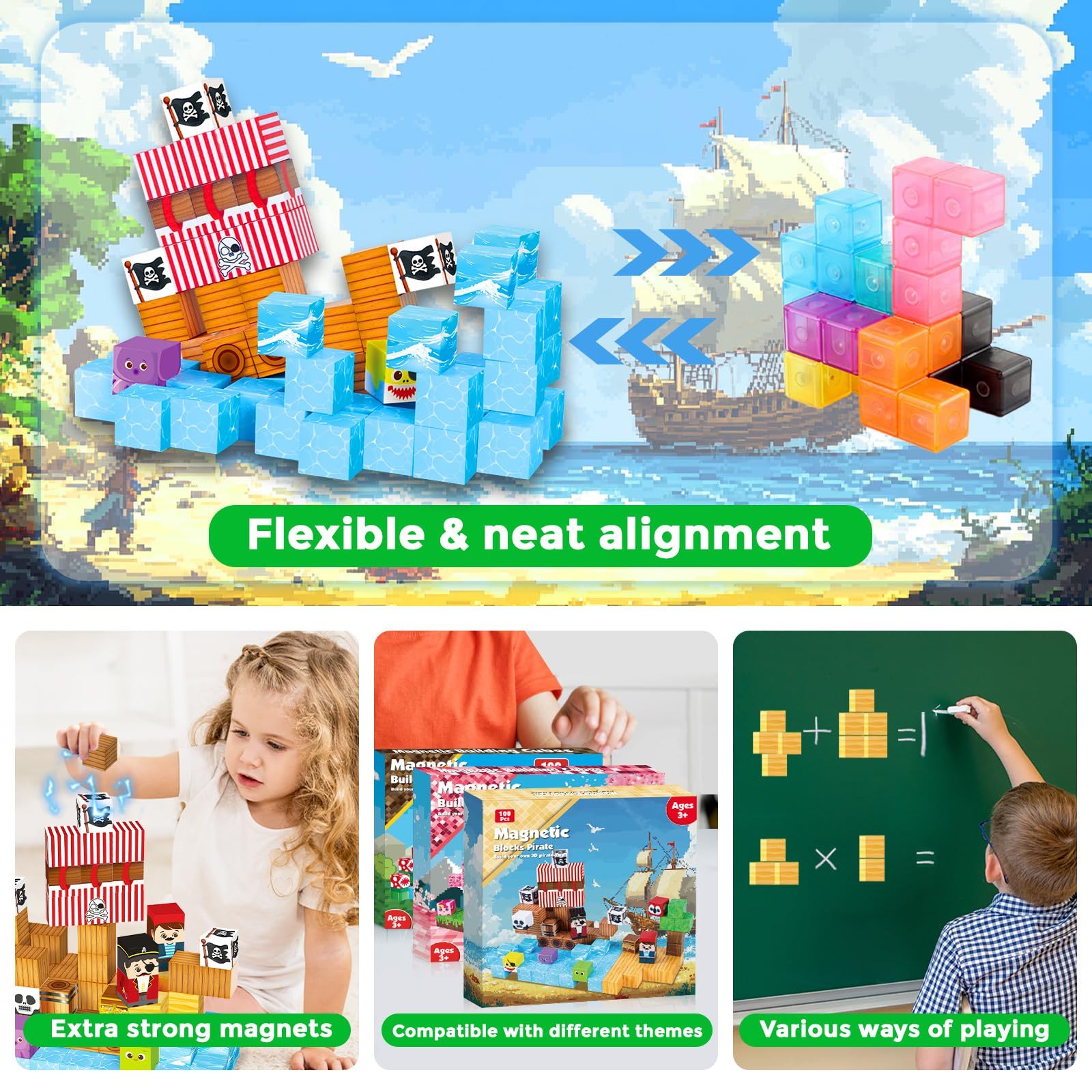 Magnetic Building Blocks - 100PCS Pirate Ship World Set - Magnetic Building Blocks Cube Stacking, STEM Montessori Sensory Toys, Suitable for 3 4 5 6 7 8 9 10 Easter Birthday Gift