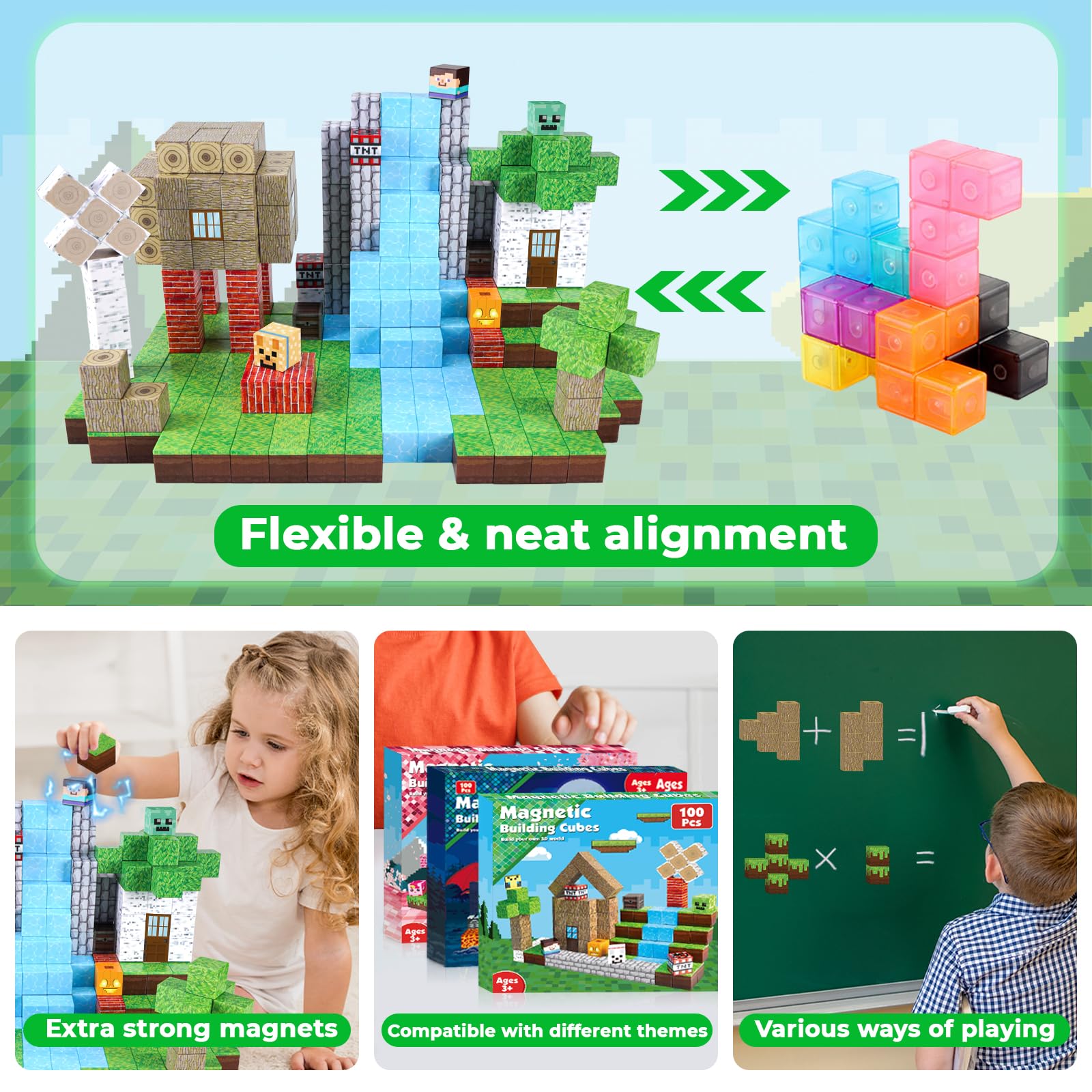 Magnetic Building Blocks - 100 Pieces Magnetic Building Blocks Magnet Cube Toys Stacking, Build a Forest World Set, STEM Montessori Sensory Toys, Suitable for 3 4 5 6 7 8 9 10 Easter Birthday Gift