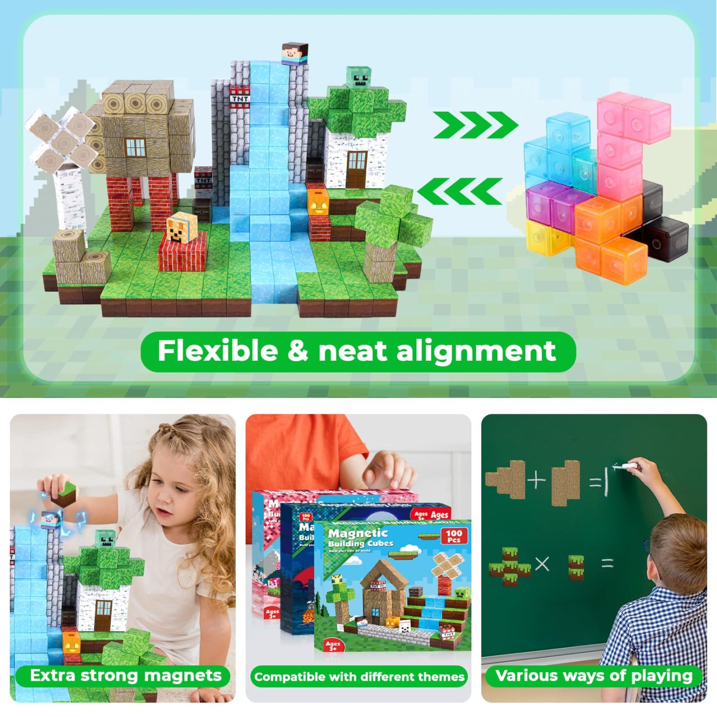 Magnetic Building Blocks - 100 Pieces Magnetic Building Blocks Magnet Cube Toys Stacking, Build a Forest World Set, STEM Montessori Sensory Toys, Suitable for 3 4 5 6 7 8 9 10 Easter Birthday Gift