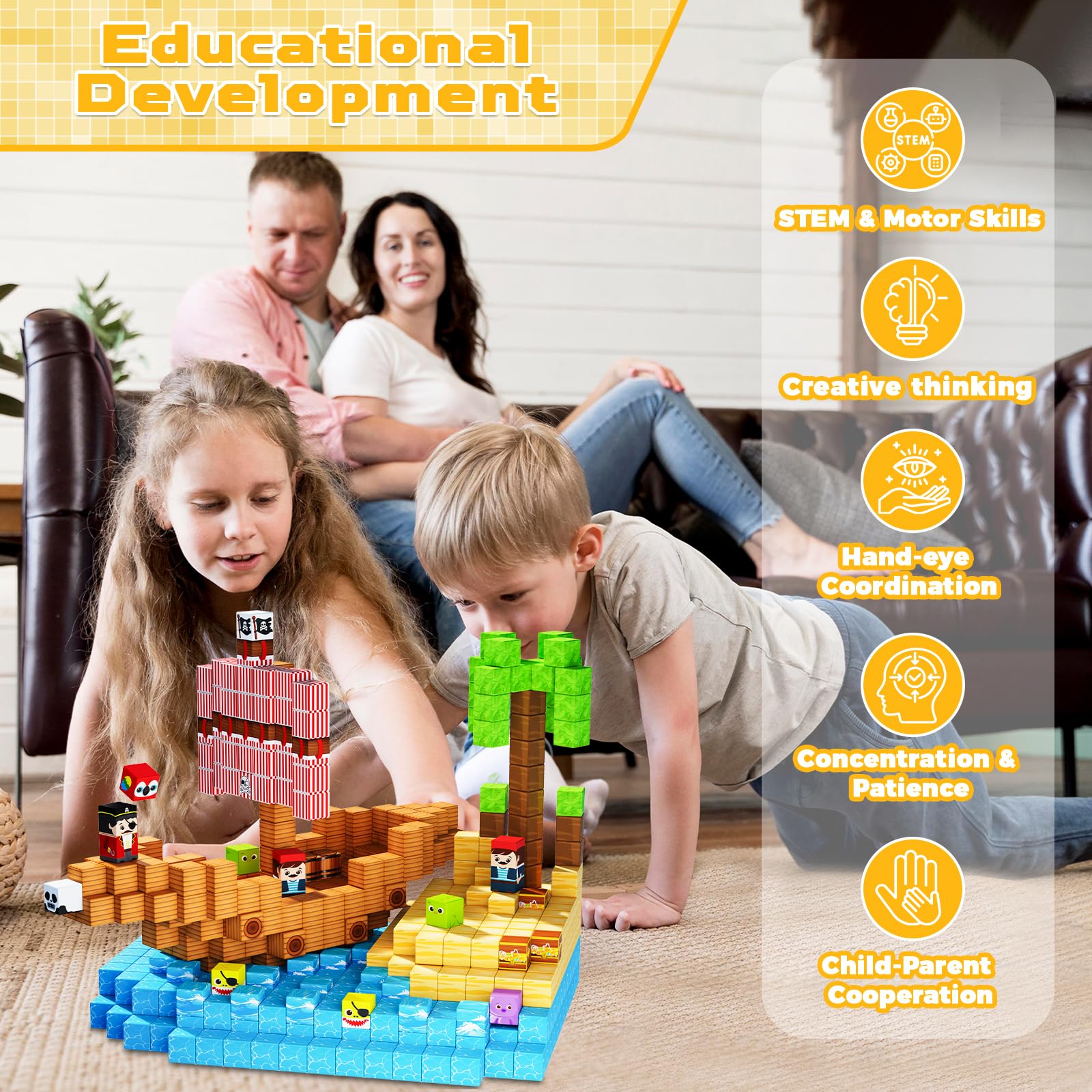 Magnetic Building Blocks - 100PCS Pirate Ship World Set - Magnetic Building Blocks Cube Stacking, STEM Montessori Sensory Toys, Suitable for 3 4 5 6 7 8 9 10 Easter Birthday Gift