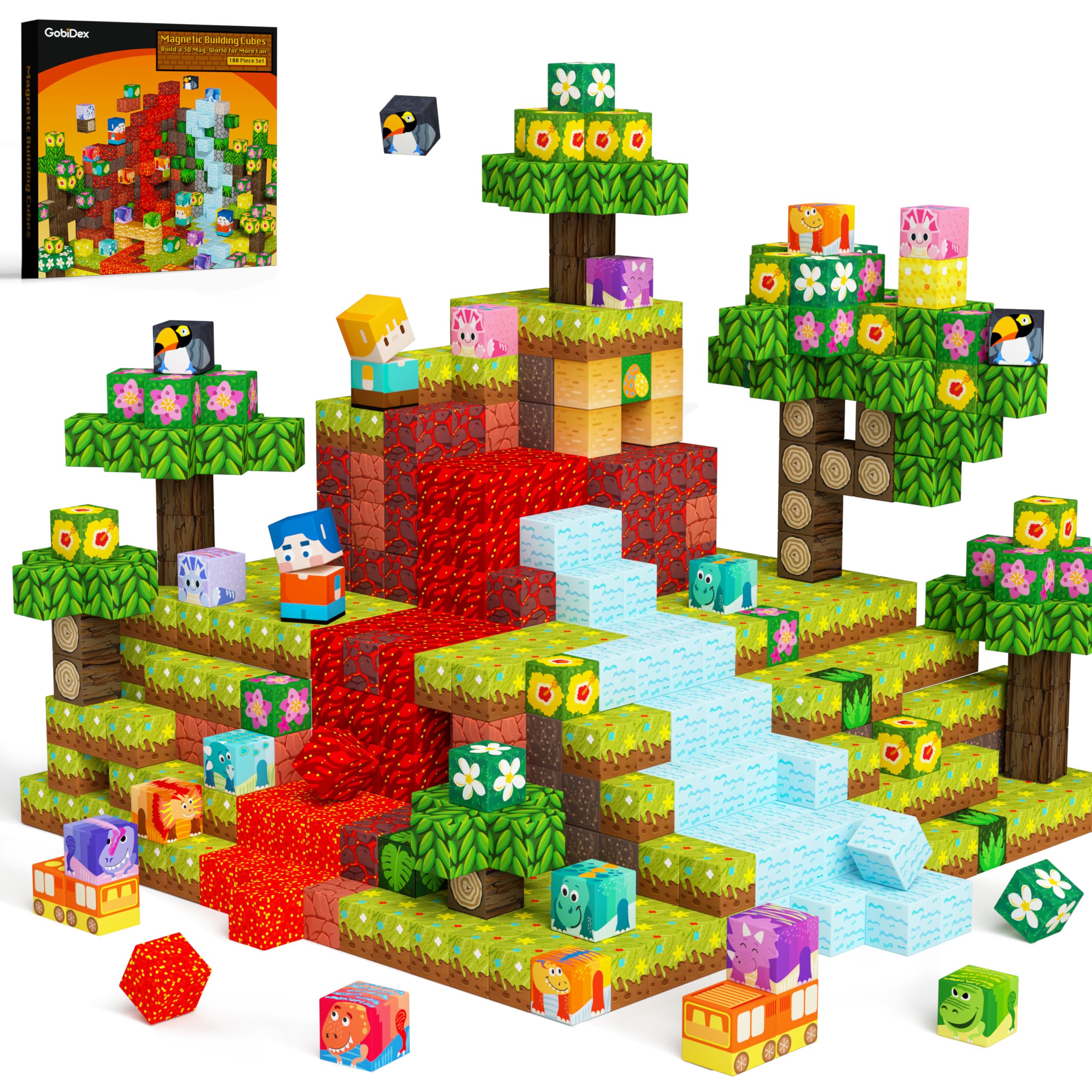 100 Piece Magnetic Building Blocks Volcano Dinosaur Set for Toddlers, 