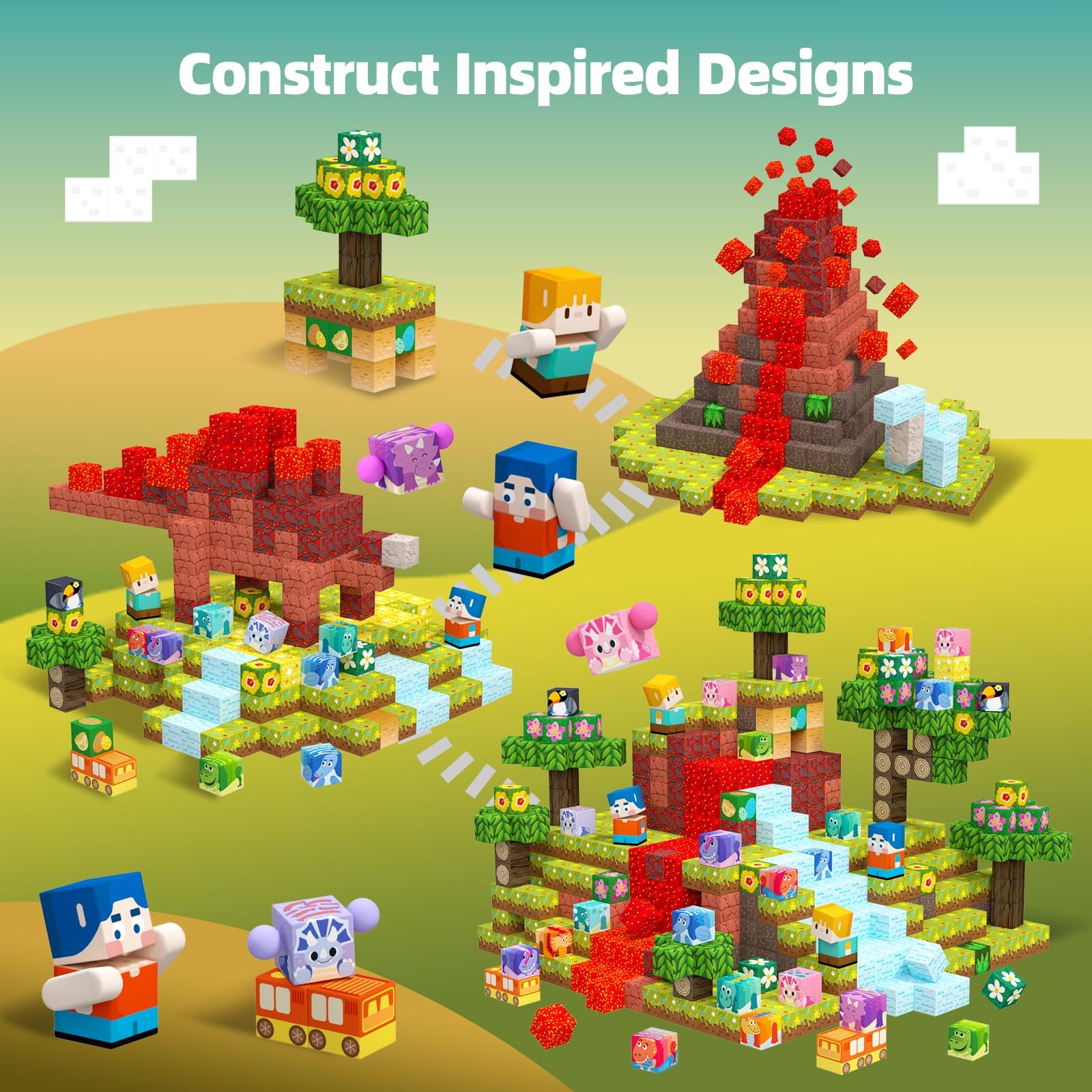 100 Piece Magnetic Building Blocks Volcano Dinosaur Set for Toddlers, Sensory STEM Toys for 3-5 Years Old 5-7 Years Old 4-8 Years Old 3 Years Old Boys Girls Children
