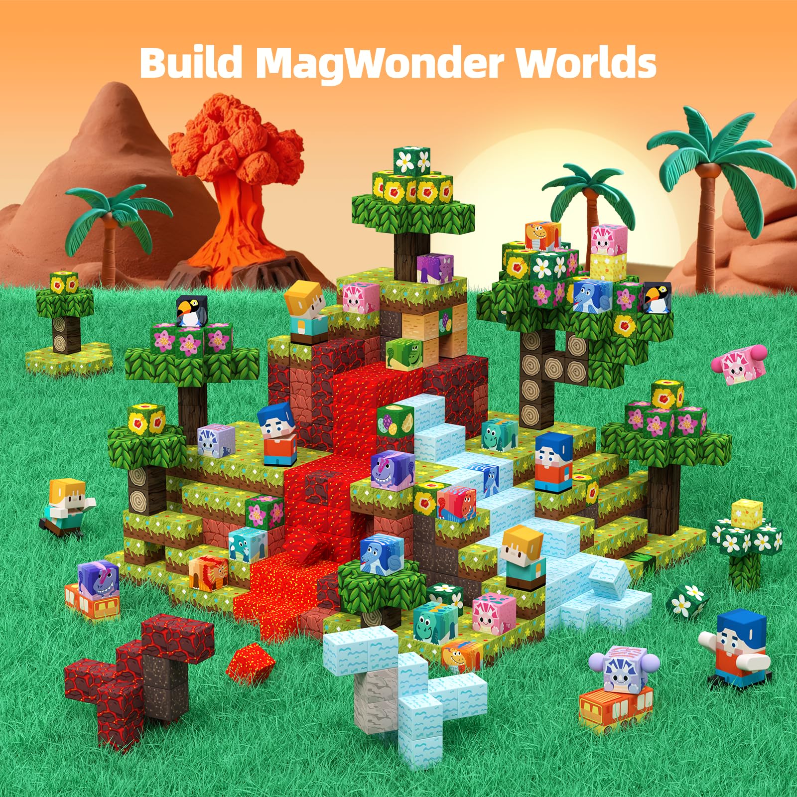 100 Piece Magnetic Building Blocks Volcano Dinosaur Set for Toddlers, Sensory STEM Toys for 3-5 Years Old 5-7 Years Old 4-8 Years Old 3 Years Old Boys Girls Children