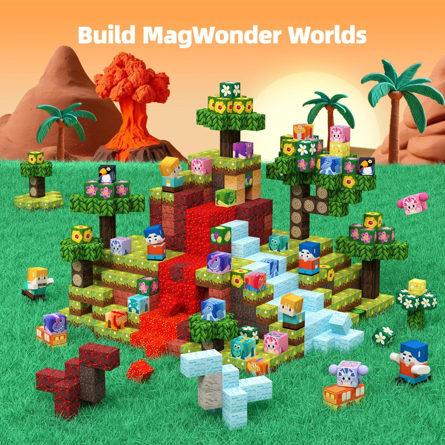100 Piece Magnetic Building Blocks Volcano Dinosaur Set for Toddlers, Sensory STEM Toys for 3-5 Years Old 5-7 Years Old 4-8 Years Old 3 Years Old Boys Girls Children
