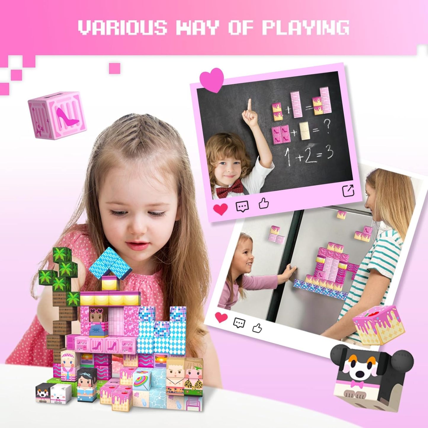 100PCS Magnetic Blocks Princess Building Toys for Girls 3+, Magnet Pink Castle STEM Sensory Playsets for Toddler Kids Birthday Gifts