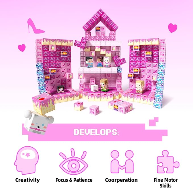100PCS Magnetic Blocks Princess Building Toys for Girls 3+, Magnet Pink Castle STEM Sensory Playsets for Toddler Kids Birthday Gifts