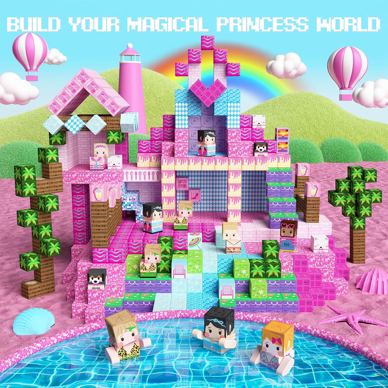 100PCS Magnetic Blocks Princess Building Toys for Girls 3+, Magnet Pink Castle STEM Sensory Playsets for Toddler Kids Birthday Gifts