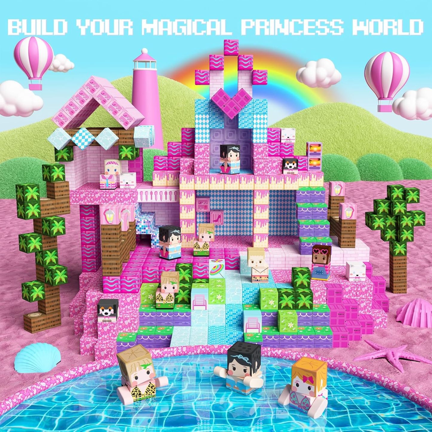 100PCS Magnetic Blocks Princess Building Toys for Girls 3+, Magnet Pink Castle STEM Sensory Playsets for Toddler Kids Birthday Gifts
