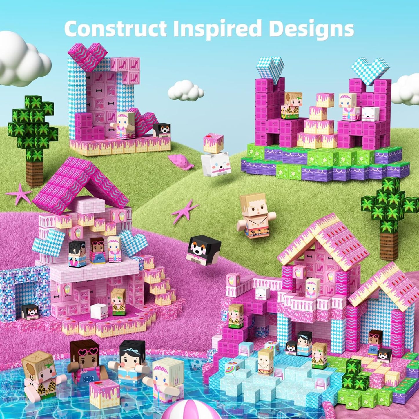 100PCS Magnetic Blocks Princess Building Toys for Girls 3+, Magnet Pink Castle STEM Sensory Playsets for Toddler Kids Birthday Gifts
