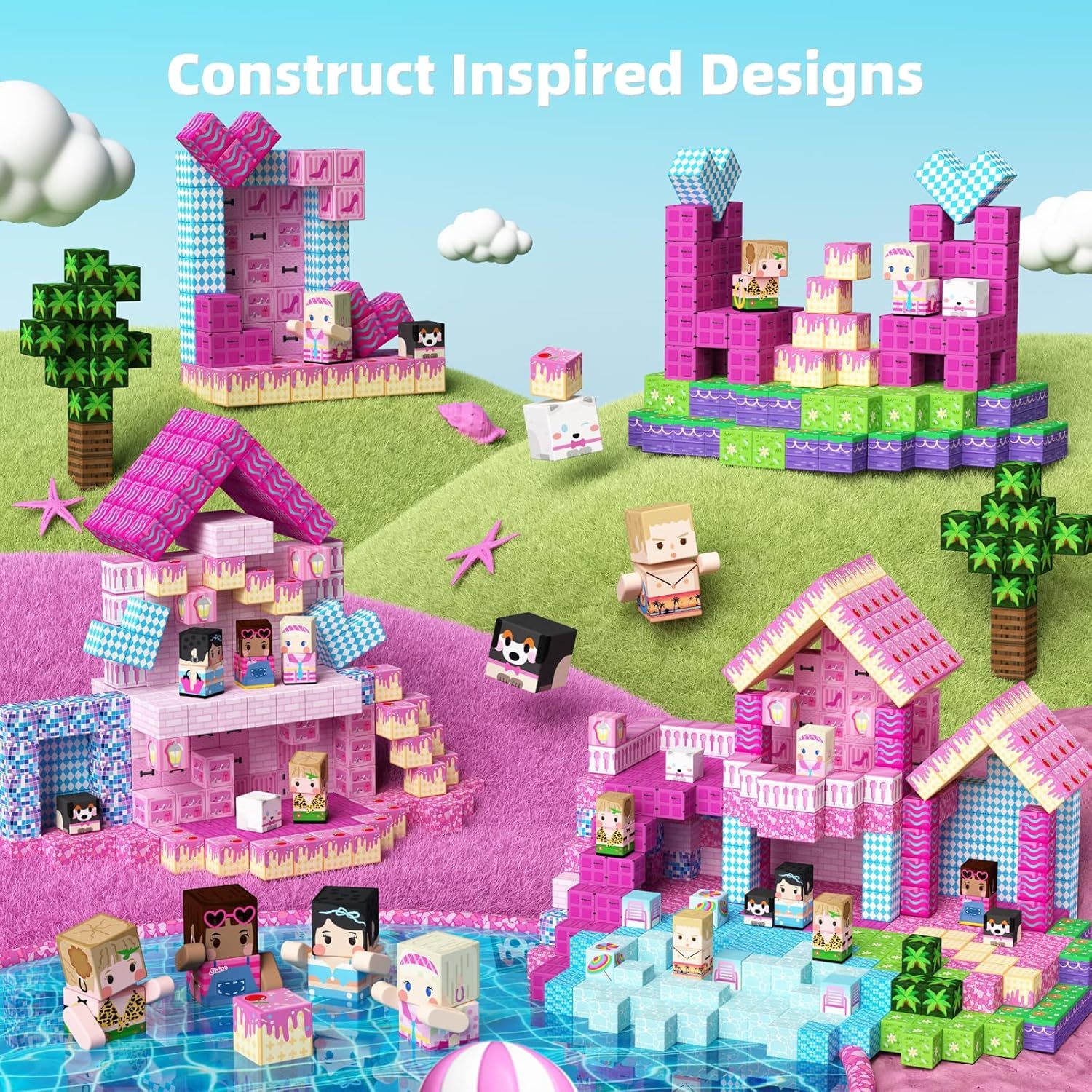 100PCS Magnetic Blocks Princess Building Toys for Girls 3+, Magnet Pink Castle STEM Sensory Playsets for Toddler Kids Birthday Gifts