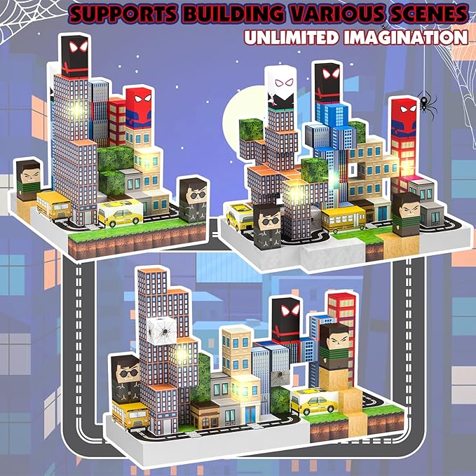 150 PCS Magnetic Blocks Building Toys Set, Spider Toys Light Up Magnetic Building Blocks for Boys Girls Ages 3+, 1 Inch Magnet Cubes STEM Sensory Construction Toy City Themes
