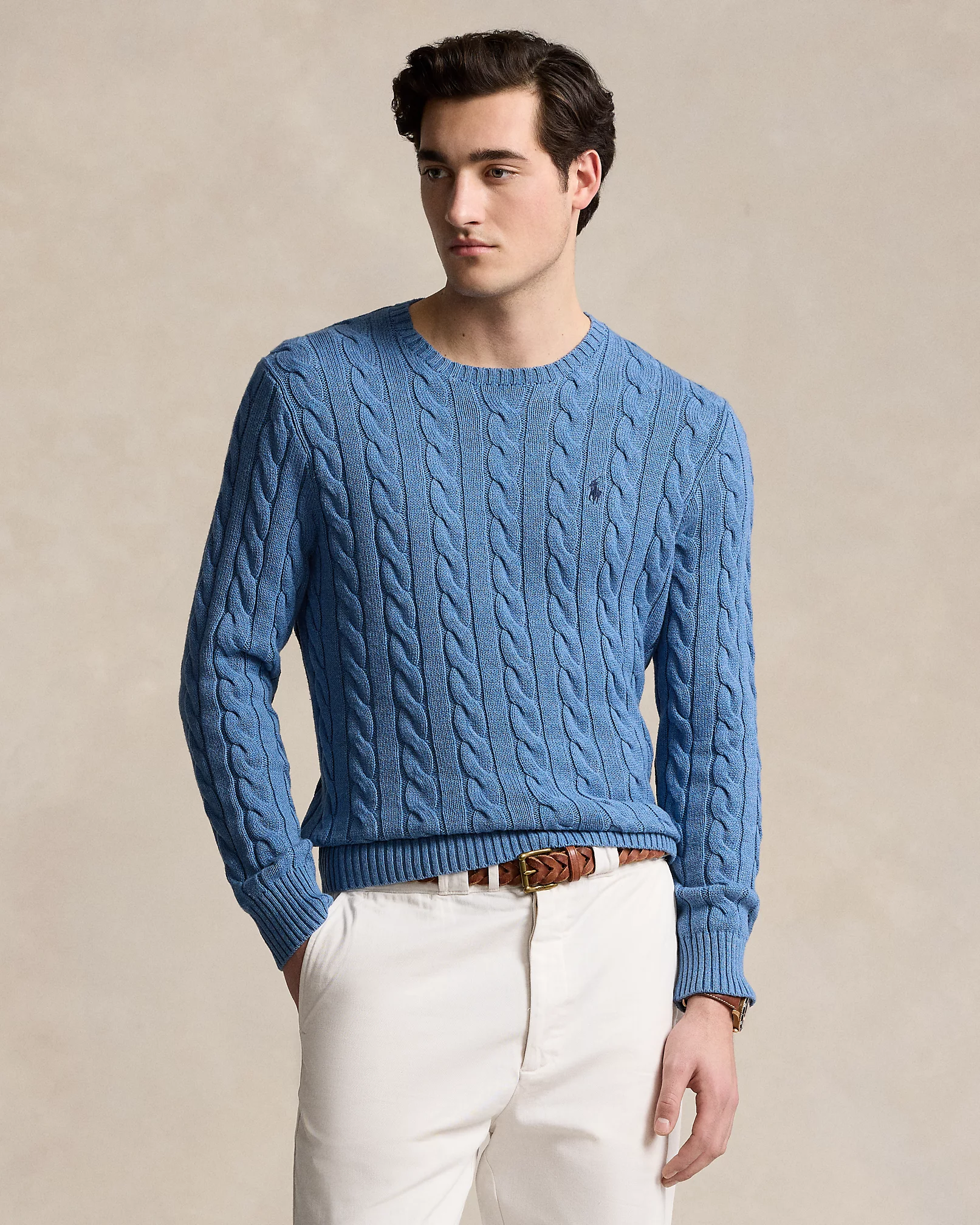 Pull torsadé en coton bleu chiné