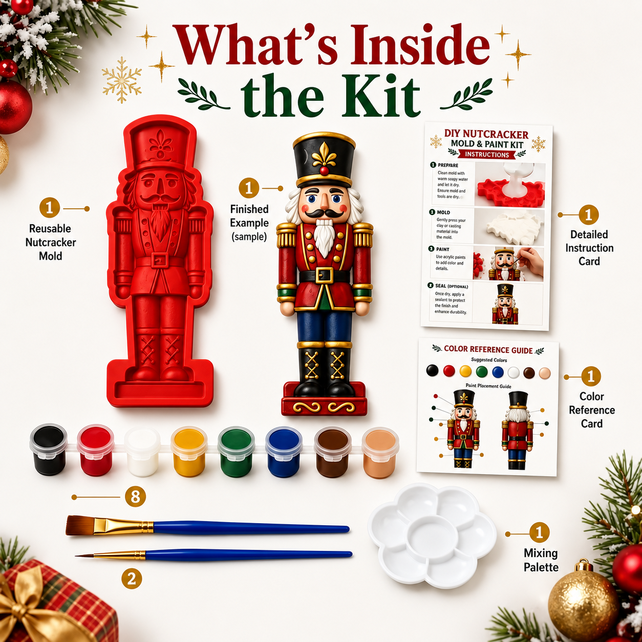 🎄 DIY Christmas Mold & Paint Craft Kit | Reusable 3D Mold with 8 Acrylic Paints, 2 Brushes & Festive Detail Guide 🎨✨