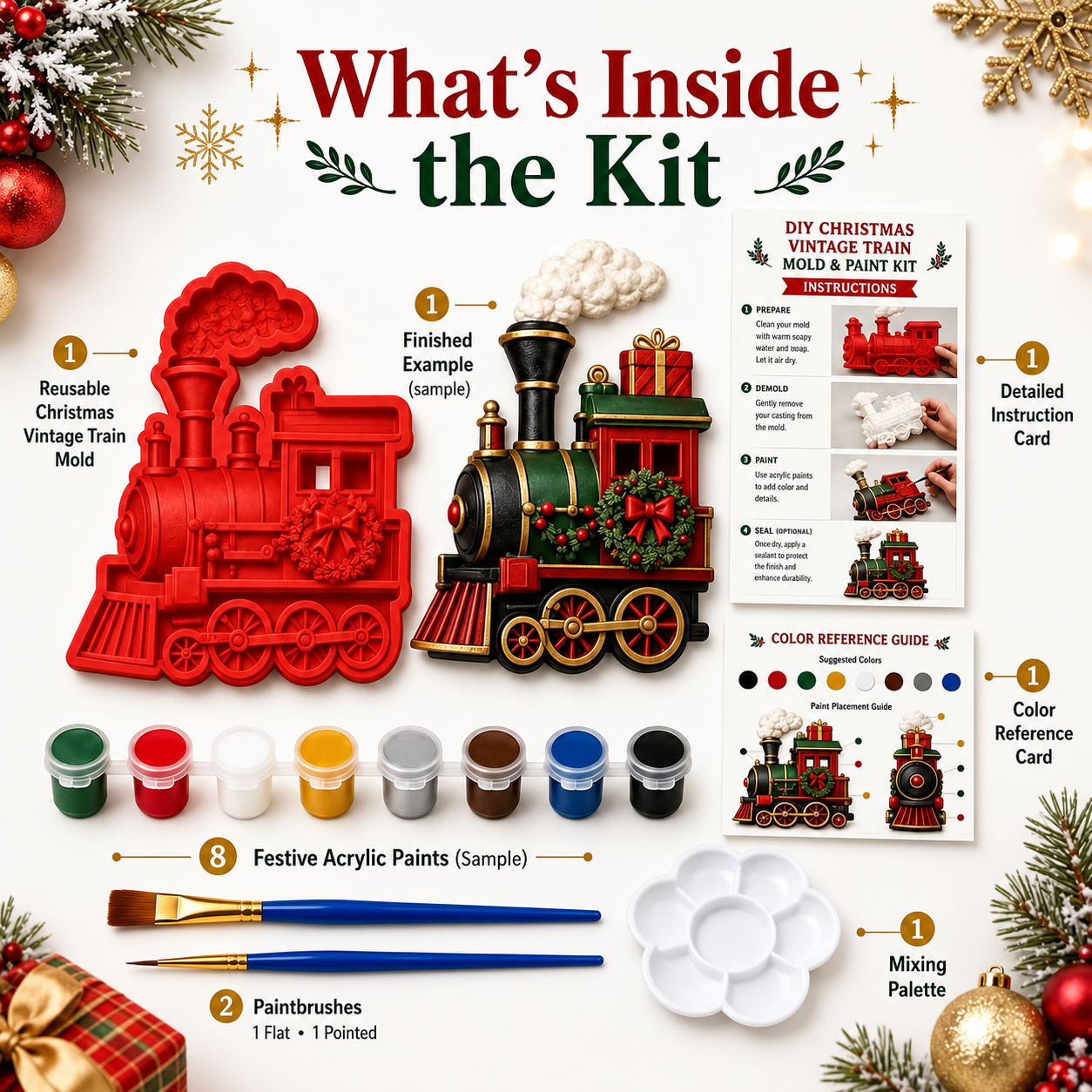 🎄 DIY Christmas Mold & Paint Craft Kit | Reusable 3D Mold with 8 Acrylic Paints, 2 Brushes & Festive Detail Guide 🎨✨