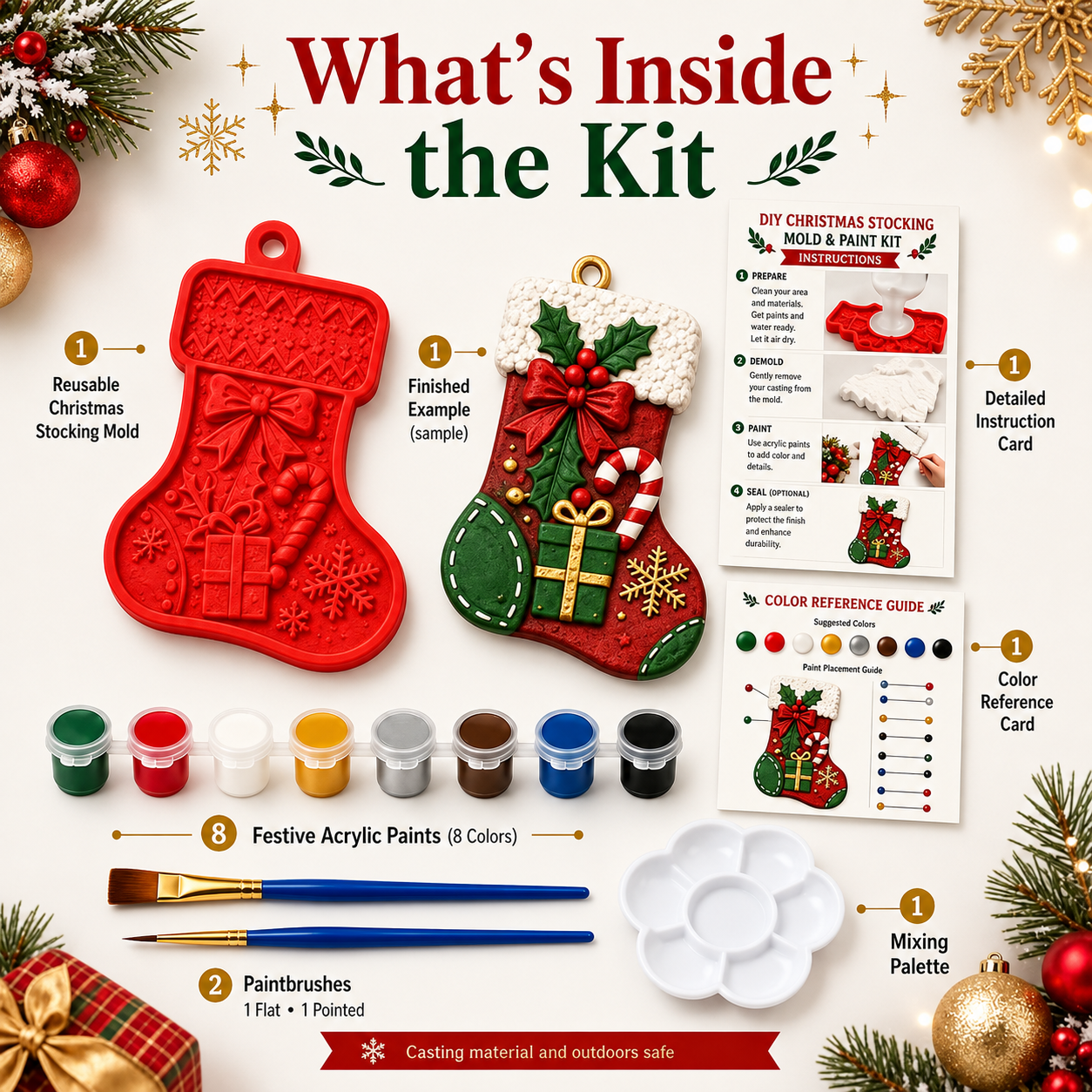 🎄 DIY Christmas Mold & Paint Craft Kit | Reusable 3D Mold with 8 Acrylic Paints, 2 Brushes & Festive Detail Guide 🎨✨