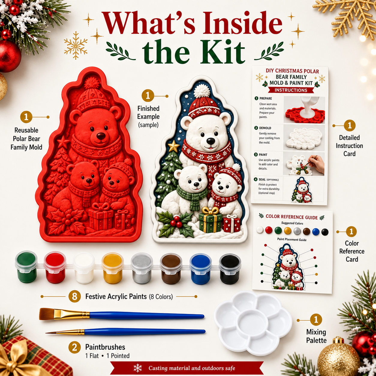 🎄 DIY Christmas Mold & Paint Craft Kit | Reusable 3D Mold with 8 Acrylic Paints, 2 Brushes & Festive Detail Guide 🎨✨
