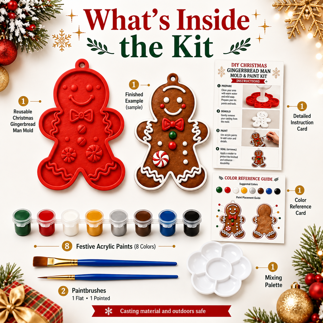 🎄 DIY Christmas Mold & Paint Craft Kit | Reusable 3D Mold with 8 Acrylic Paints, 2 Brushes & Festive Detail Guide 🎨✨