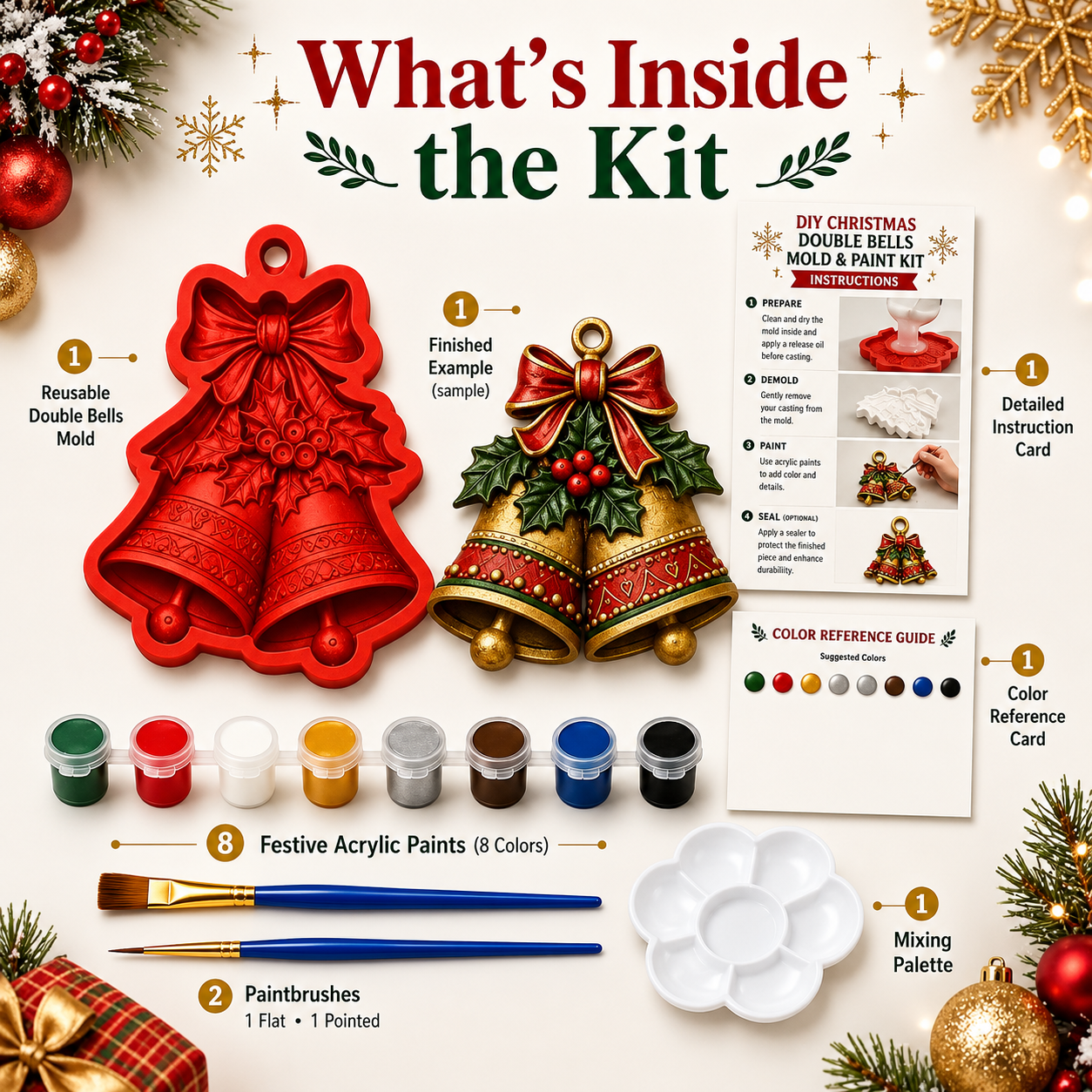 🎄 DIY Christmas Mold & Paint Craft Kit | Reusable 3D Mold with 8 Acrylic Paints, 2 Brushes & Festive Detail Guide 🎨✨