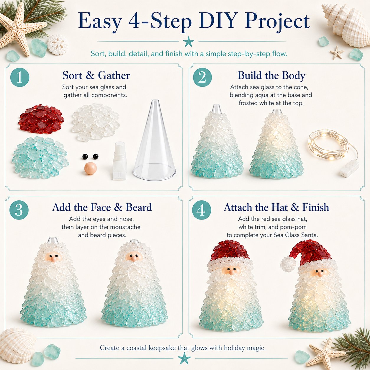 🔥Last Day 50% OFF – 🎅 Beginner-Friendly DIY Lighted Sea Glass Santa Christmas Decor Kit | Complete Kit with Sea Glass Pieces, Warm Fairy Lights & Step-by-Step Guide Included 💕