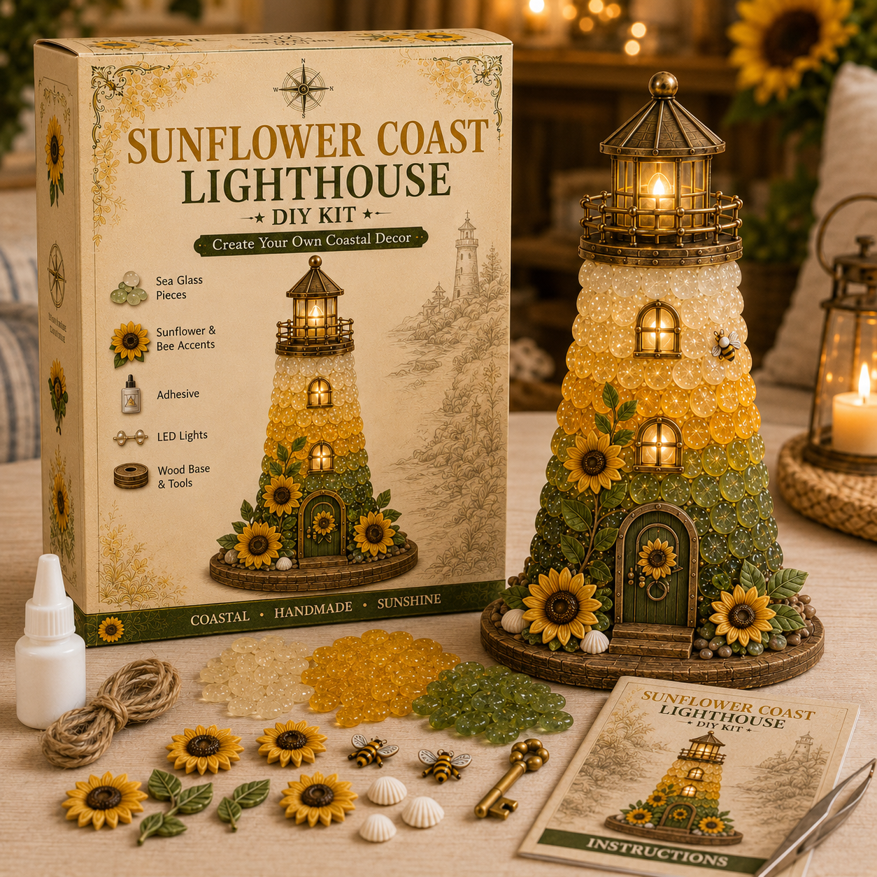 ⏳ Last Day 50% OFF – 🌊 Beginner-Friendly DIY Lighted Sea Glass-Style Lighthouse Kit Collection | Complete Kit with Sea Glass-Style Pieces, LED Lights & Step-by-Step Guide Included 💕