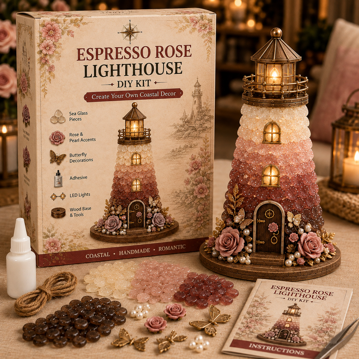 ⏳ Last Day 50% OFF – 🌊 Beginner-Friendly DIY Lighted Sea Glass-Style Lighthouse Kit Collection | Complete Kit with Sea Glass-Style Pieces, LED Lights & Step-by-Step Guide Included 💕