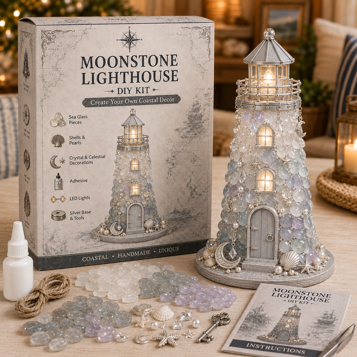 ⏳ Last Day 50% OFF – 🌊 Beginner-Friendly DIY Lighted Sea Glass-Style Lighthouse Kit Collection | Complete Kit with Sea Glass-Style Pieces, LED Lights & Step-by-Step Guide Included 💕