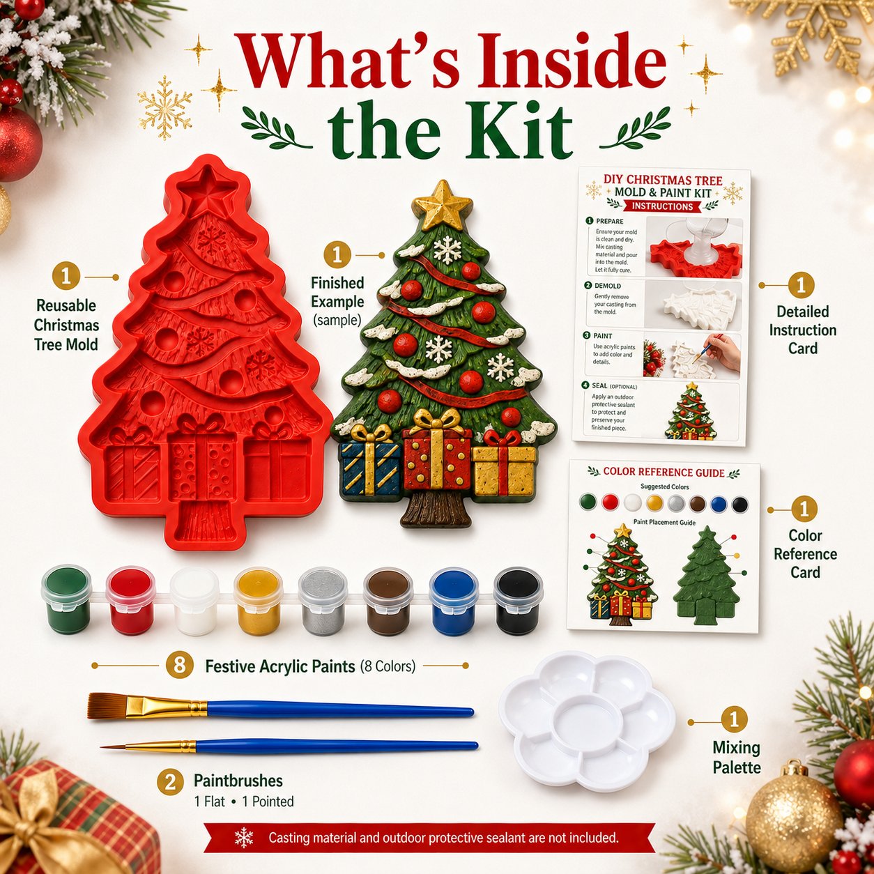 🎄 DIY Christmas Mold & Paint Craft Kit | Reusable 3D Mold with 8 Acrylic Paints, 2 Brushes & Festive Detail Guide 🎨✨