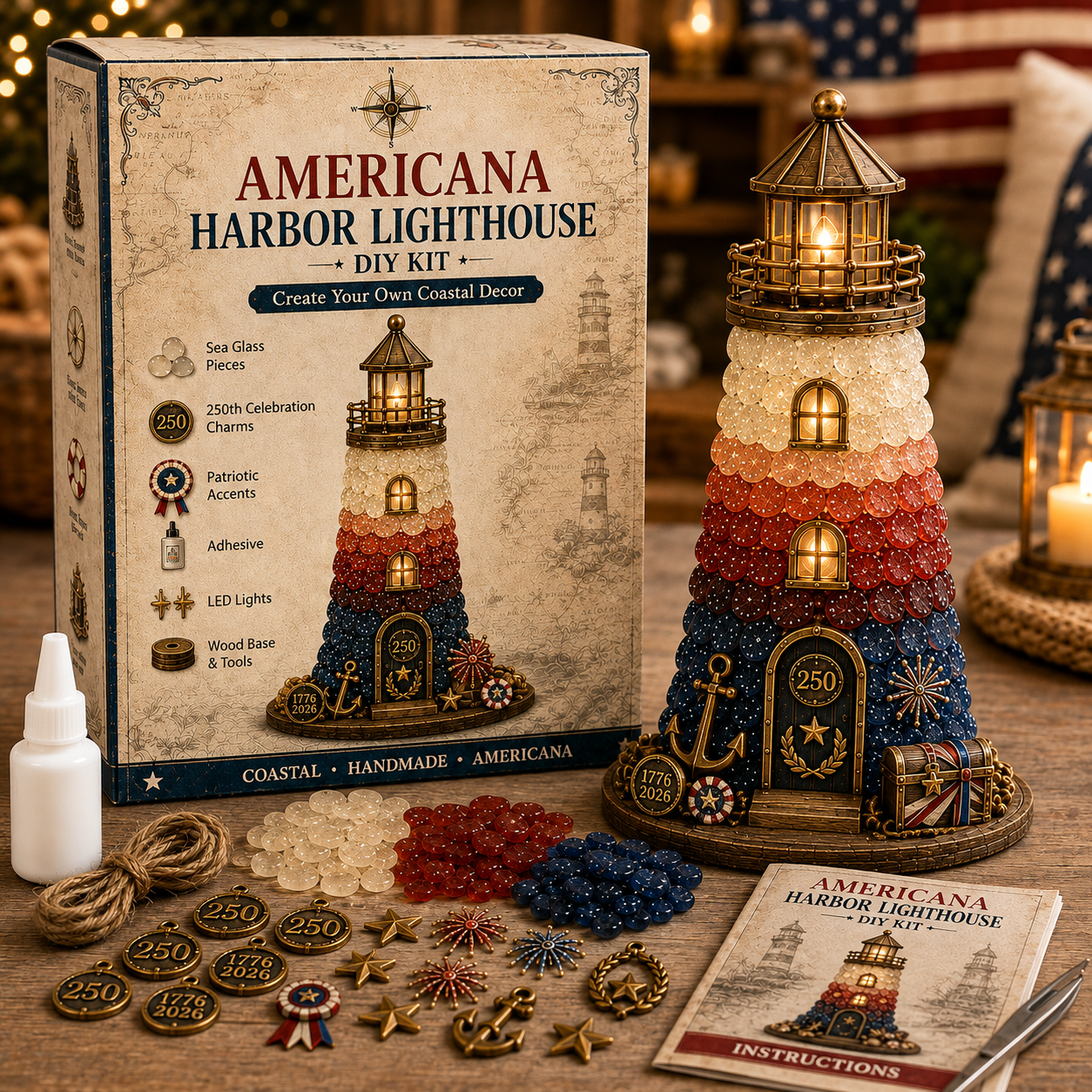 ⏳ Last Day 50% OFF – 🌊 Beginner-Friendly DIY Lighted Sea Glass-Style Lighthouse Kit Collection | Complete Kit with Sea Glass-Style Pieces, LED Lights & Step-by-Step Guide Included 💕