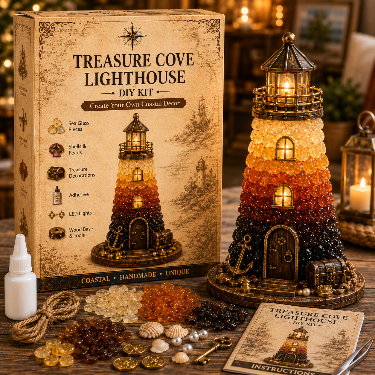 ⏳ Last Day 50% OFF – 🌊 Beginner-Friendly DIY Lighted Sea Glass-Style Lighthouse Kit Collection | Complete Kit with Sea Glass-Style Pieces, LED Lights & Step-by-Step Guide Included 💕