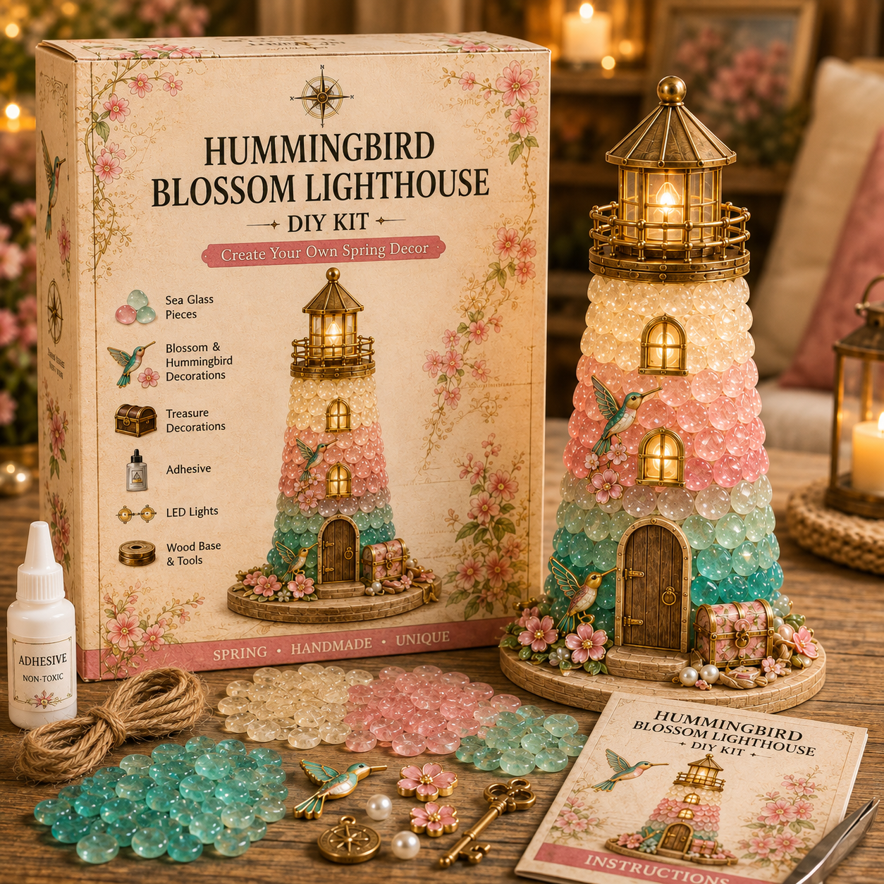 ⏳ Last Day 50% OFF – 🌊 Beginner-Friendly DIY Lighted Sea Glass-Style Lighthouse Kit Collection | Complete Kit with Sea Glass-Style Pieces, LED Lights & Step-by-Step Guide Included 💕