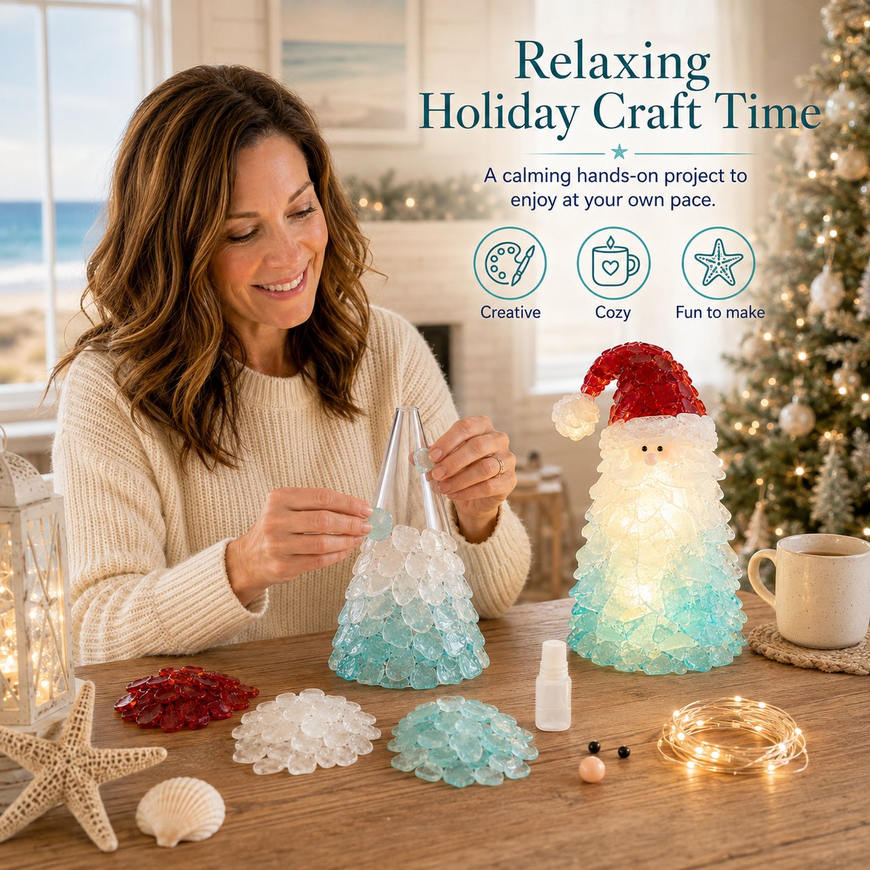 🔥Last Day 50% OFF – 🎅 Beginner-Friendly DIY Lighted Sea Glass Santa Christmas Decor Kit | Complete Kit with Sea Glass Pieces, Warm Fairy Lights & Step-by-Step Guide Included 💕