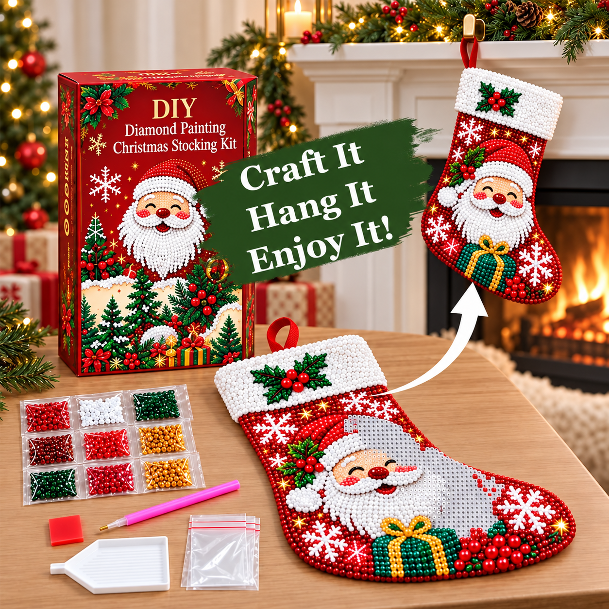 🎁LAST DAY 50% OFF –🎄 DIY Diamond Painting Christmas Stocking Kit | Complete Kit with All Tools & Step-by-Step Guide Included 💕