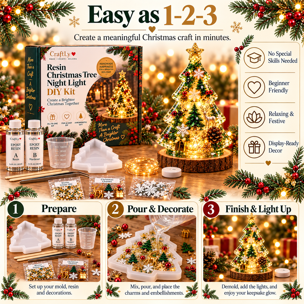 Resin Christmas tree detail board showing the clear finish, warm fairy lights, snowflakes and festive charms