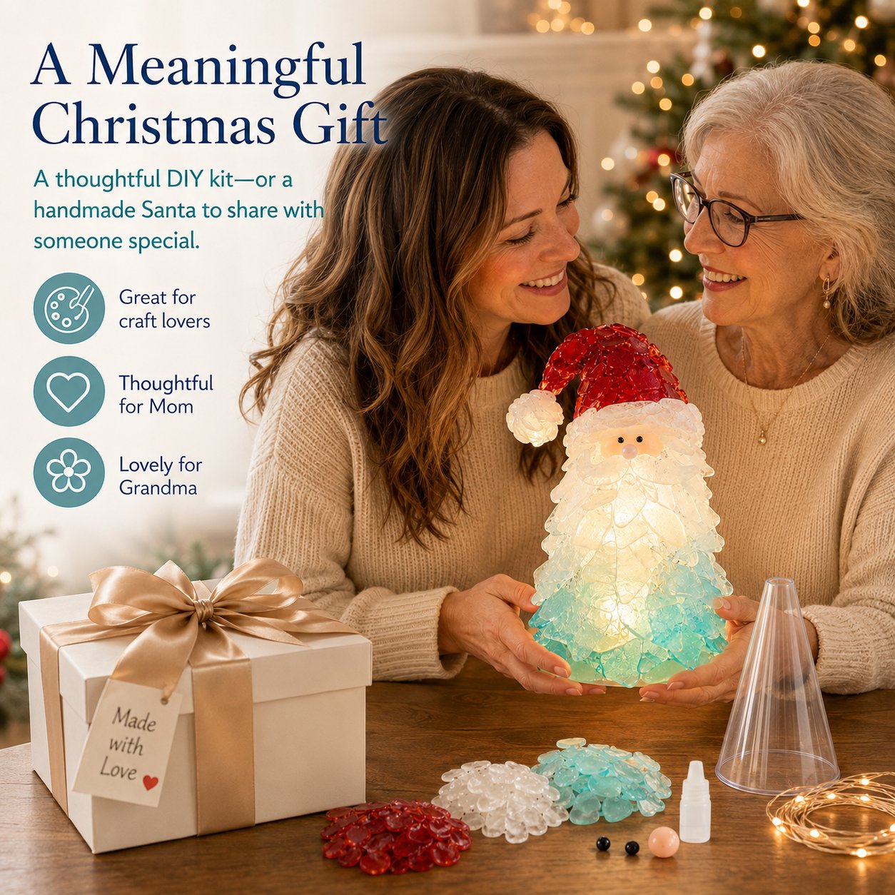 🔥Last Day 50% OFF – 🎅 Beginner-Friendly DIY Lighted Sea Glass Santa Christmas Decor Kit | Complete Kit with Sea Glass Pieces, Warm Fairy Lights & Step-by-Step Guide Included 💕