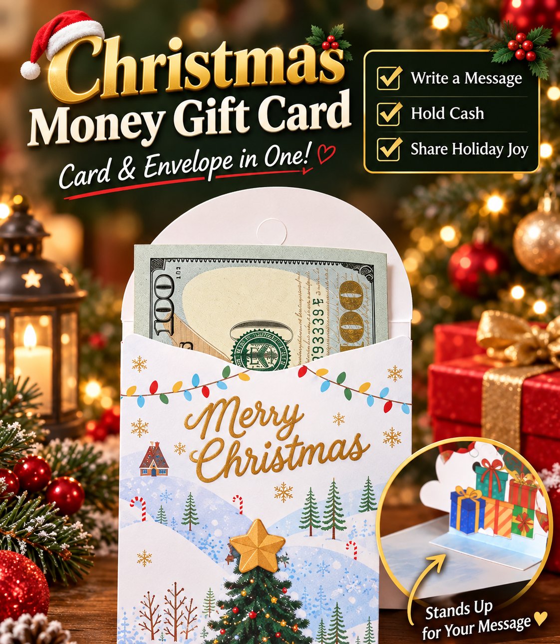 ⏰ LAST DAY 50% OFF - 🎄 Handmade 3D Christmas Money Card – Pop-Up Holiday Card with Cash Envelope & Message Space 💌✍💵