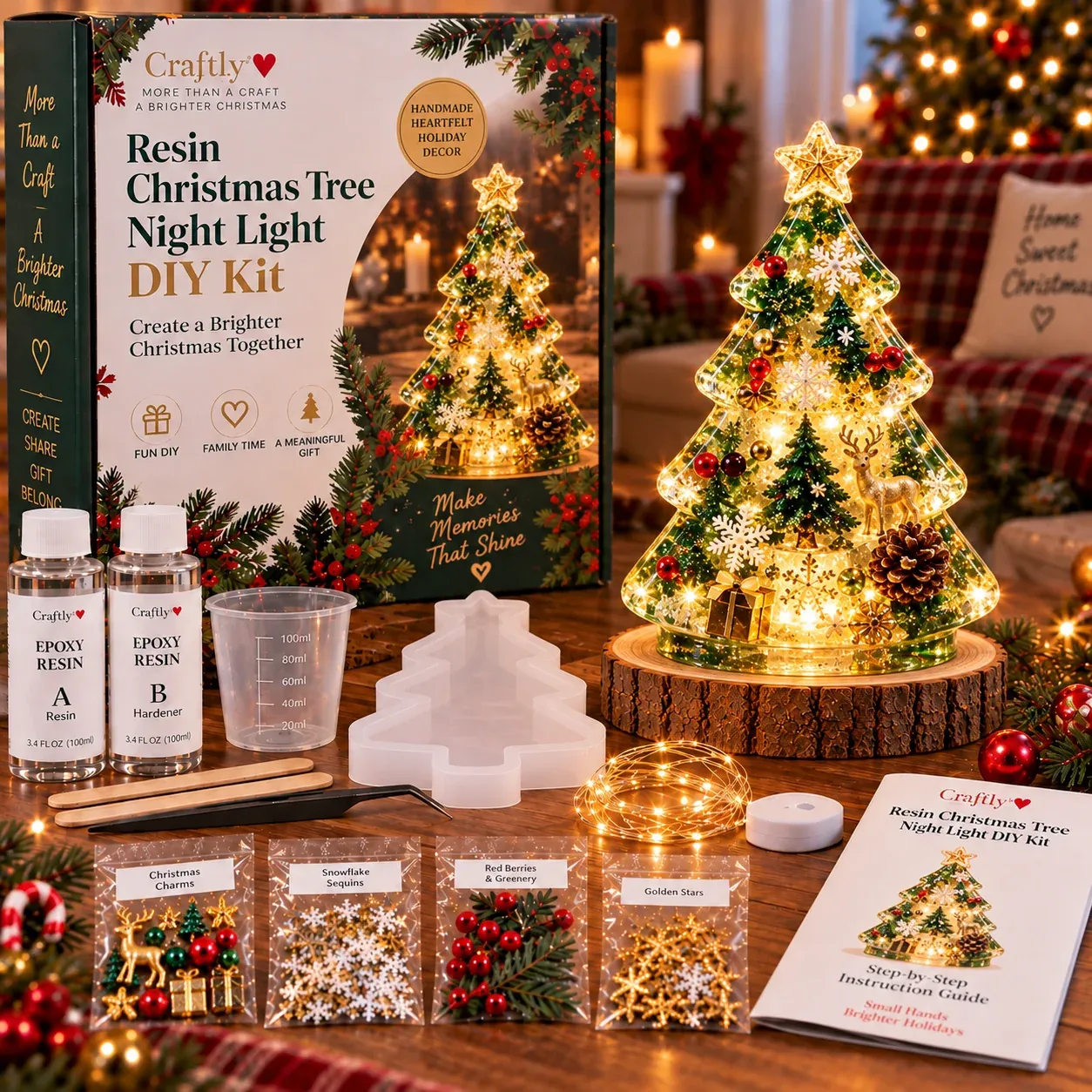 ⏳ Last Day 50% OFF – 🎄Beginner-Friendly Resin Christmas Tree Night Light DIY Kit✨