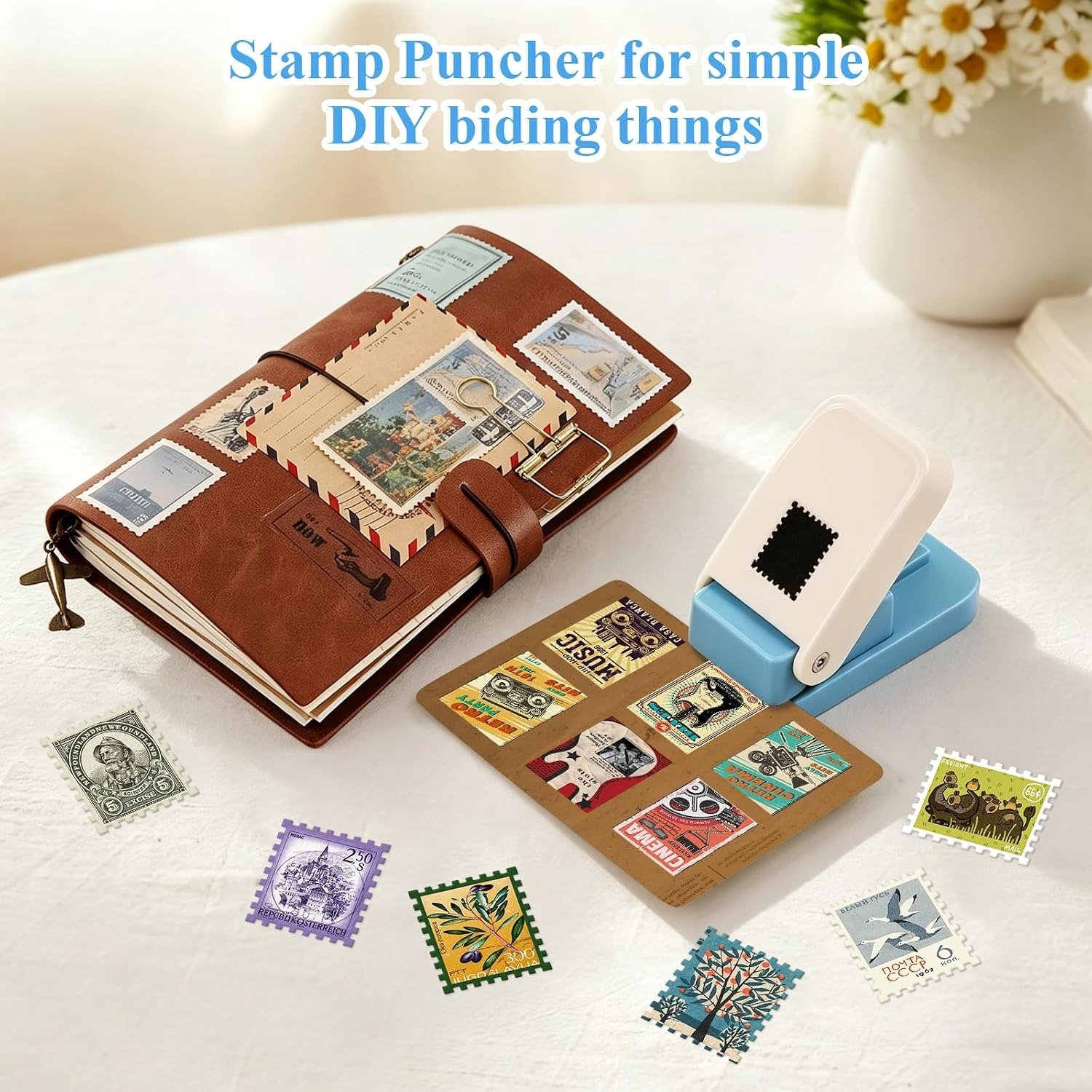 Scrapbook pages and handmade cards decorated with postage stamp cutouts