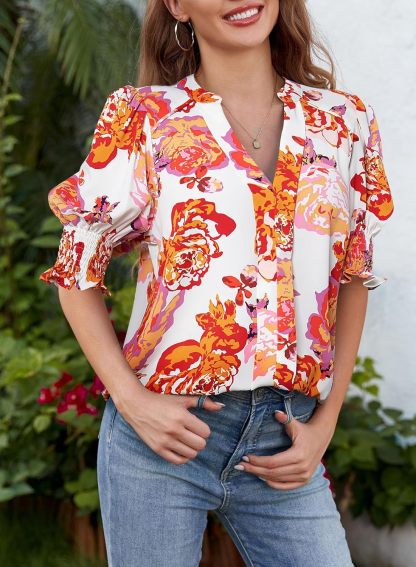 Floral V-Neck Puff Sleeve Blouse(buy 2 free shipping!!!)