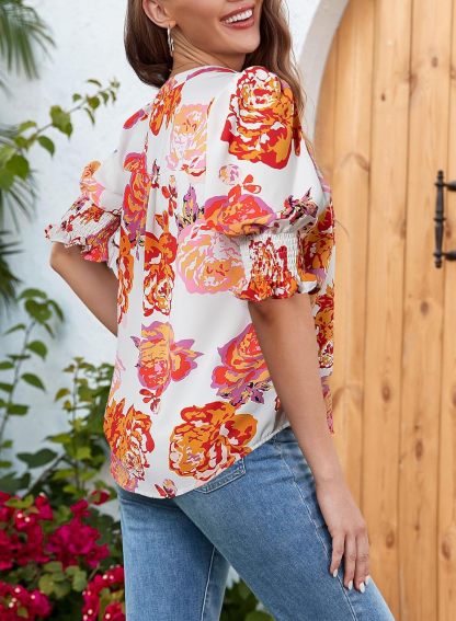 Floral V-Neck Puff Sleeve Blouse(buy 2 free shipping!!!)