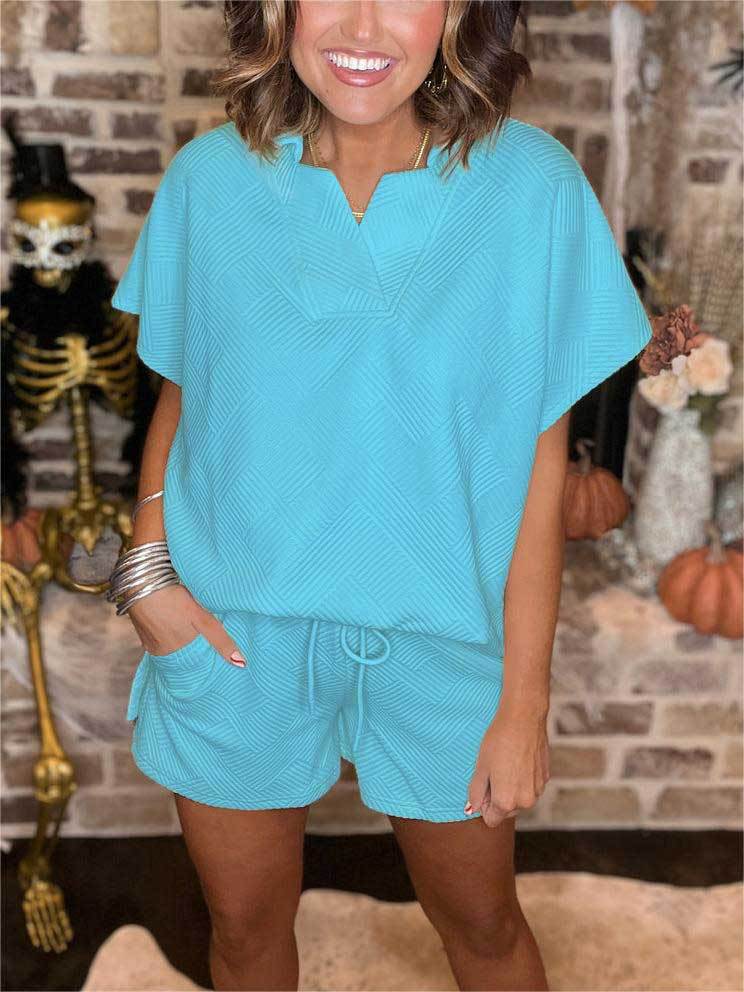 Textured V Neck Top And Short Set