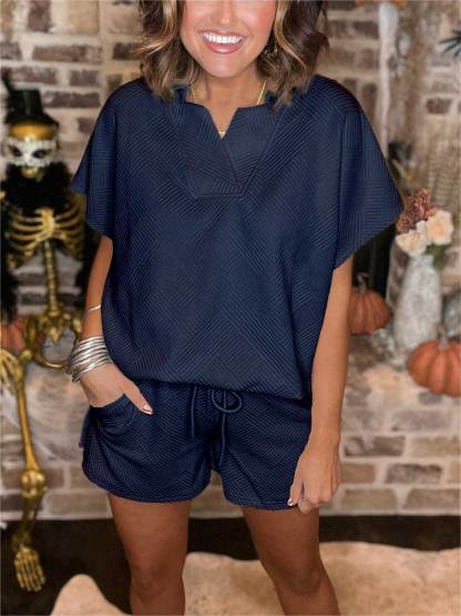 Textured V Neck Top And Short Set