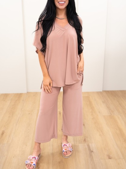 HOT SALE Casual V Neck Short Sleeved Loose Two Piece Set
