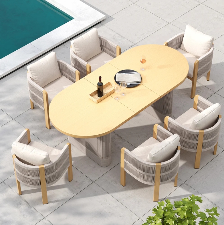 [Copy]🔥Almost sold out⚡💝Buy 1 get 1 free💥7-Pieces Outdoor Extendable Dining Set with 6 Woven Armchairs for 4 to 6 Person