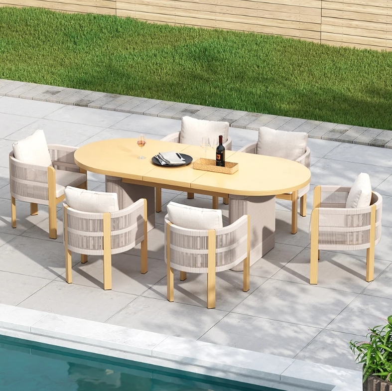 [Copy]🔥Almost sold out⚡💝Buy 1 get 1 free💥7-Pieces Outdoor Extendable Dining Set with 6 Woven Armchairs for 4 to 6 Person