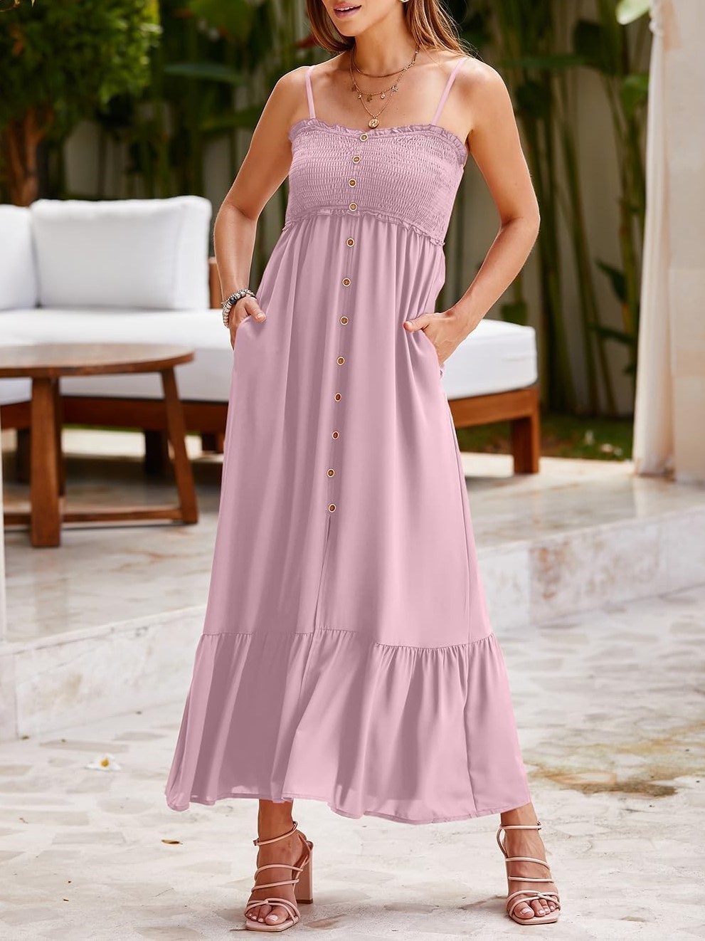 HOT SALE 2024 Sleeveless Spaghetti Strap Button Slit Maxi Dress with Pockets (Buy 2 Free Shipping)