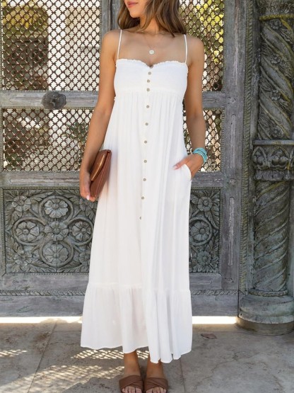 HOT SALE 2024 Sleeveless Spaghetti Strap Button Slit Maxi Dress with Pockets (Buy 2 Free Shipping)