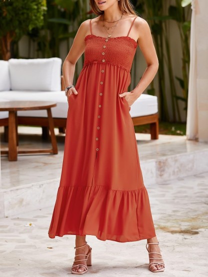 HOT SALE 2024 Sleeveless Spaghetti Strap Button Slit Maxi Dress with Pockets (Buy 2 Free Shipping)