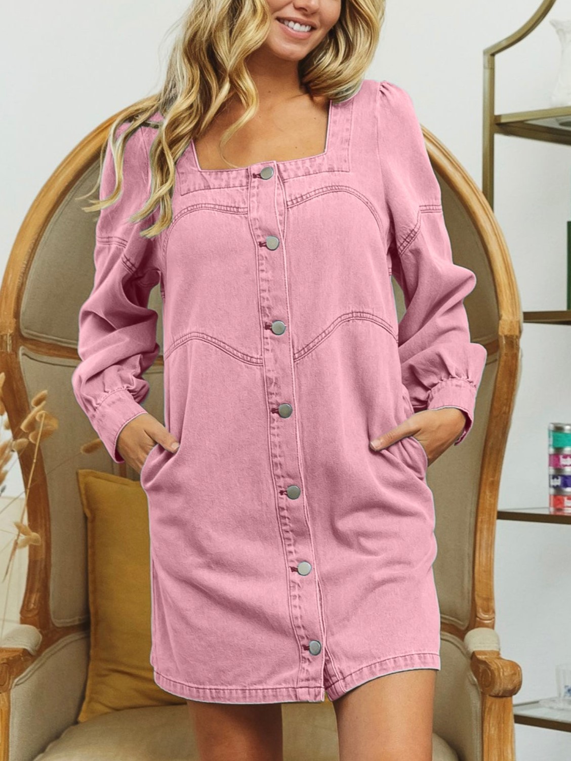 HOT SALE Square Neck Button Front Washed Denim Dress (Buy 2 Free Shipping)